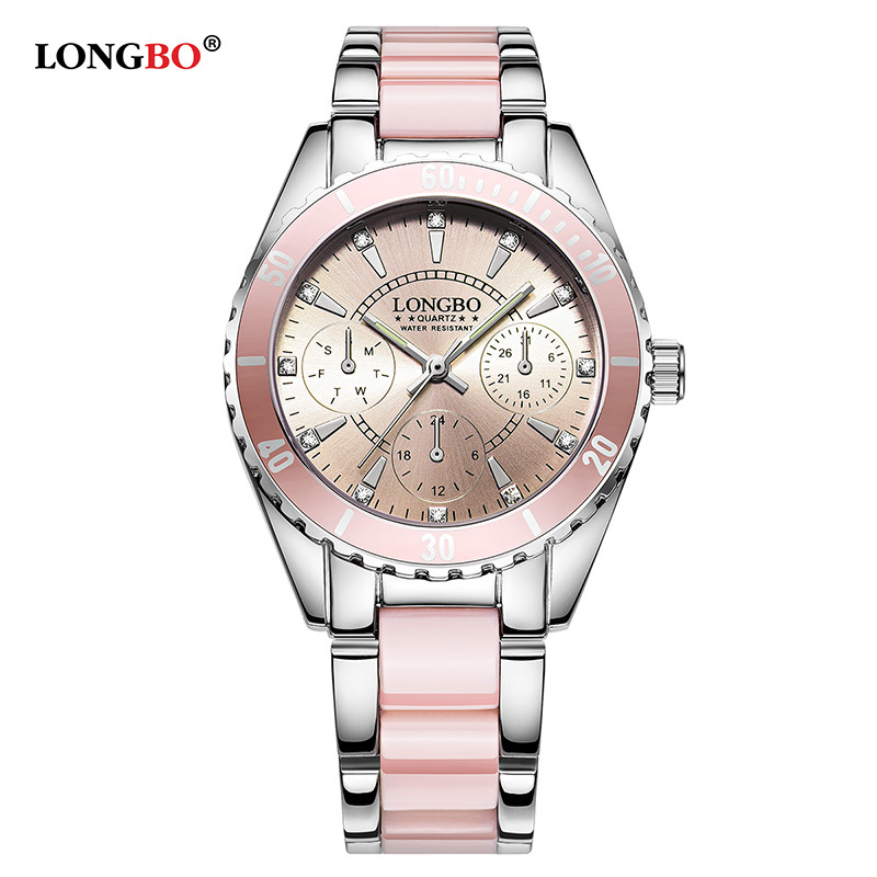 Longbo Women’s Watch Pink White Silver New Free Track Wristwatch Quartz Fashion