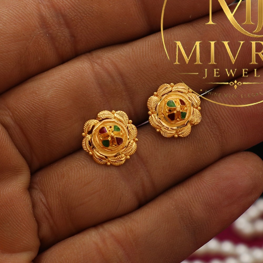 22K Seal Gold Bajoran Fancy Earrings 1.3cm Lightweight Wedding Jewelry Gift