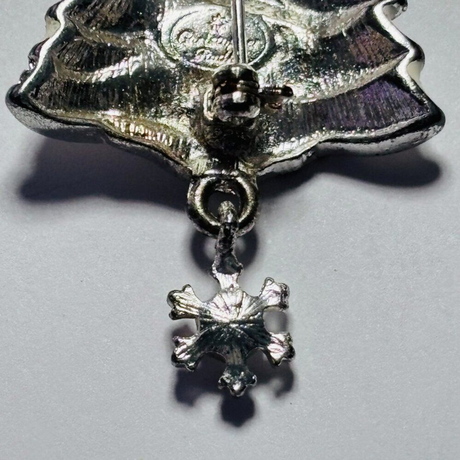 VINTAGE Christopher Radko Silver Tone Christmas Tree Brooch Dangle Snowflake
