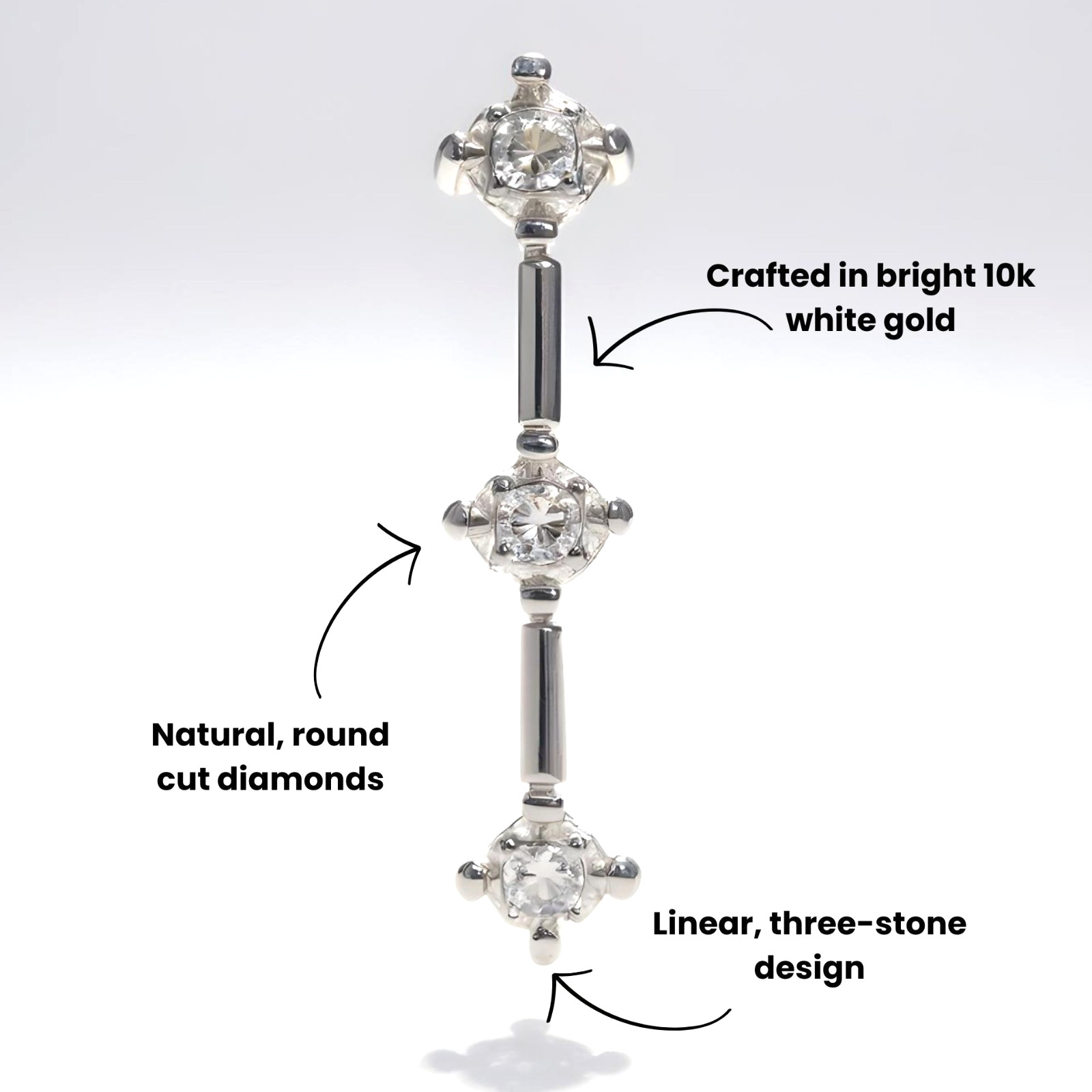10K White Gold 3-Stone Natural Diamond Vertical Drop Pendant 1.09 Grams