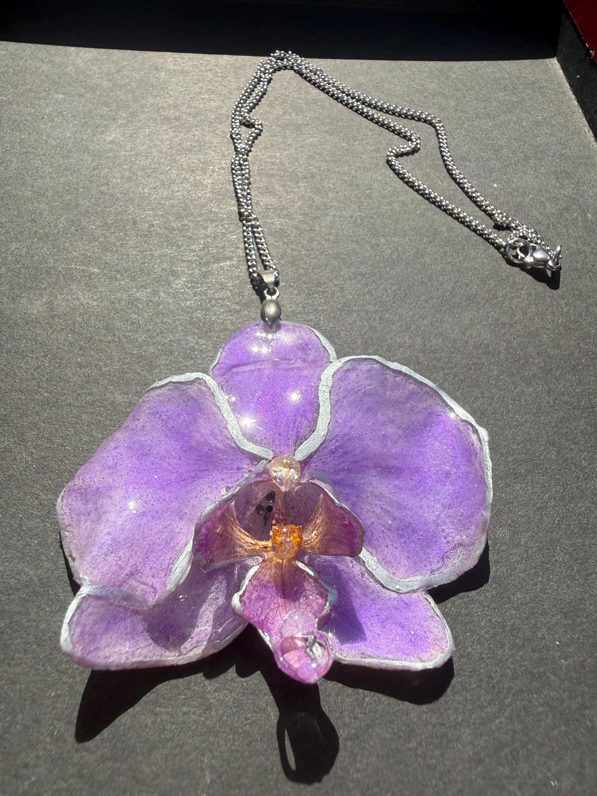 Real Orchid Necklace Preserved Flower Resin Pendant Stainless Steel Handmade