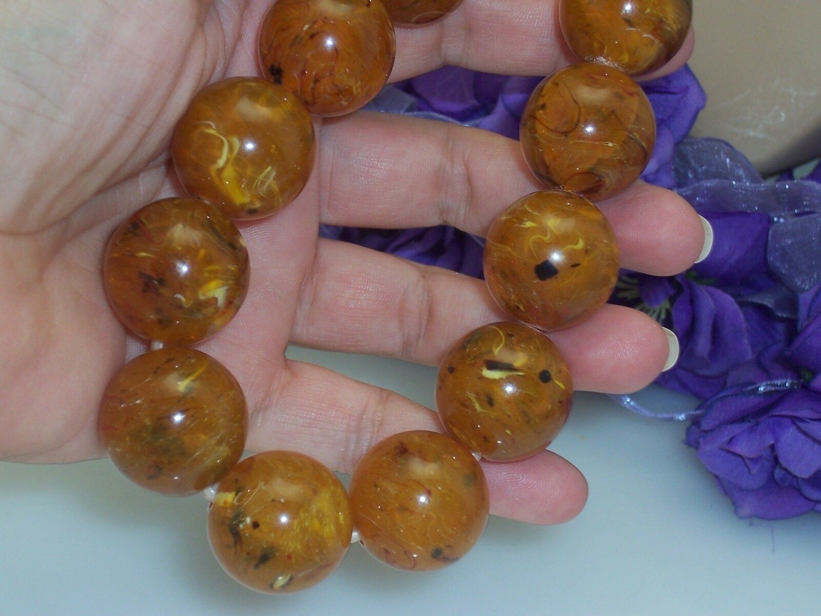 Vintage 17″ Big 24.7 mm Amber Bead Necklace 153 Grams Broken Clasp