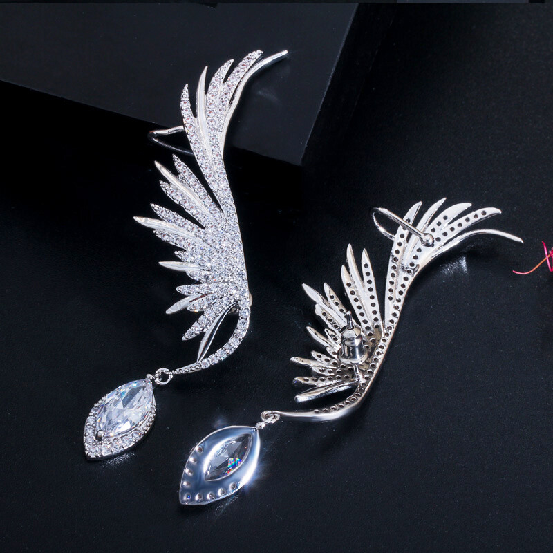 Women Silver Plated Cubic Zircon Dangle Drop Long Feather Wing Ear Cuff Earrings