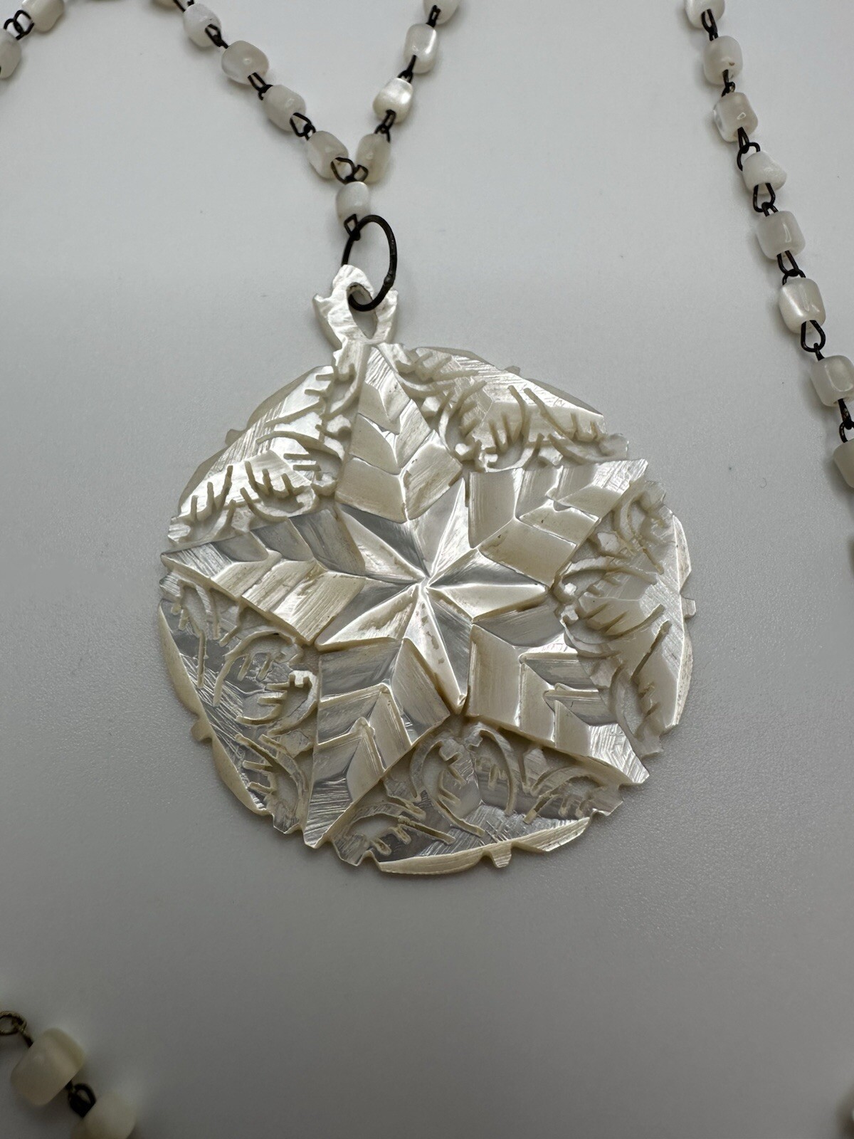 Vintage Sterling Silver Mother Of Pearl Star Pendant 5.8cm Necklace 19” JB22