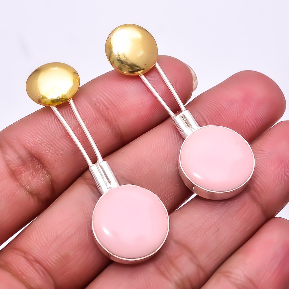 Pink Opal 925 Sterling Silver Two Tone Earring 1.95″ E54, Christmas Gift