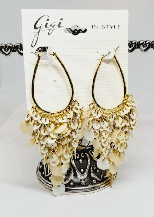 Gigi In Style Cream & White sequin Design OVAL Hoop Dangle Earrings 3.75 in Drop
