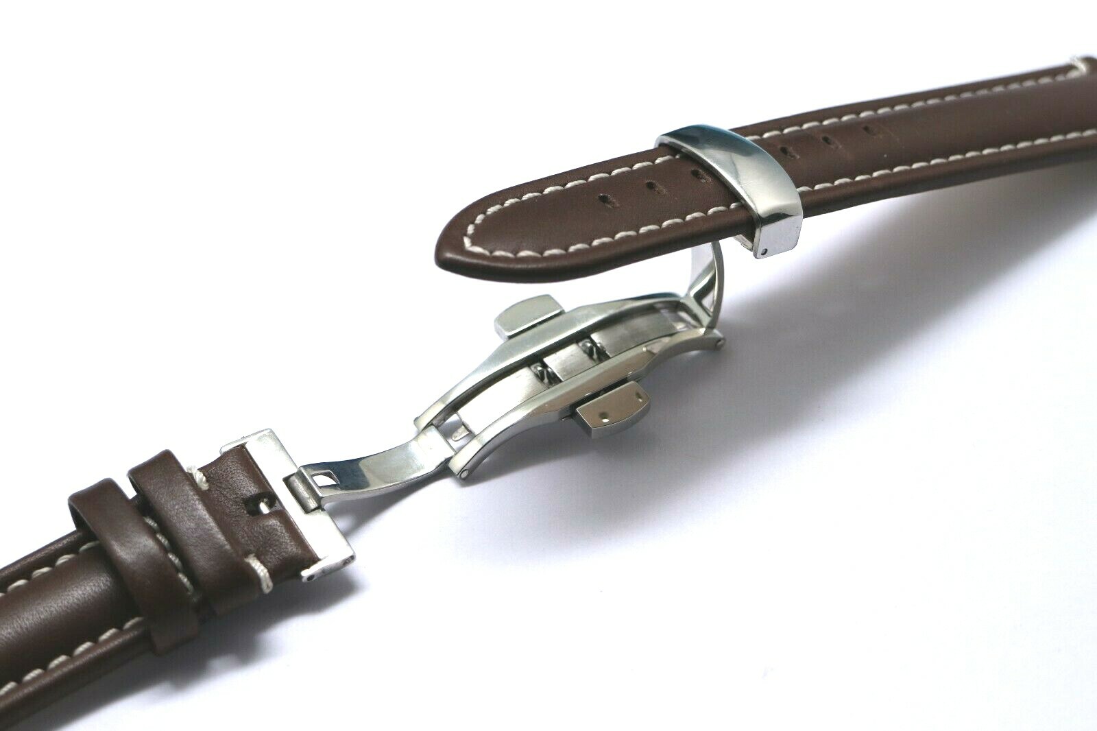 20mm 22mm Brown/White Genuine Leather Watch Strap Push Button Deployant Clasp
