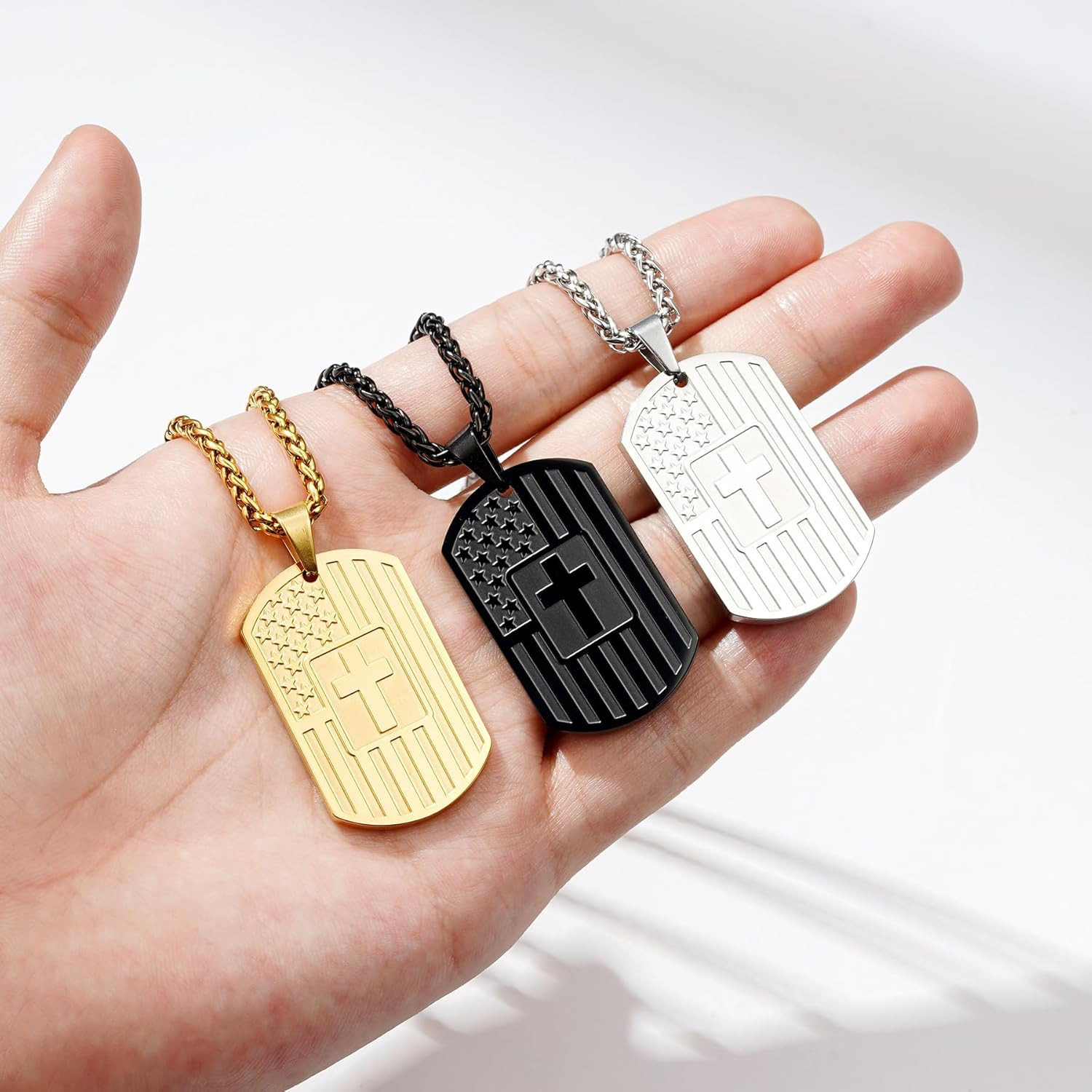American Dog Tag Cross Necklace for Boys Men, Christian Baptism Confirmation Rel