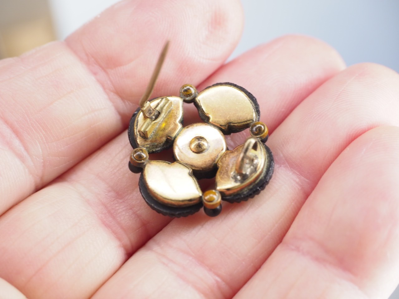 Antique jet Black Carved, Textured Glass Mourning Brooch Victorian Flower Pin