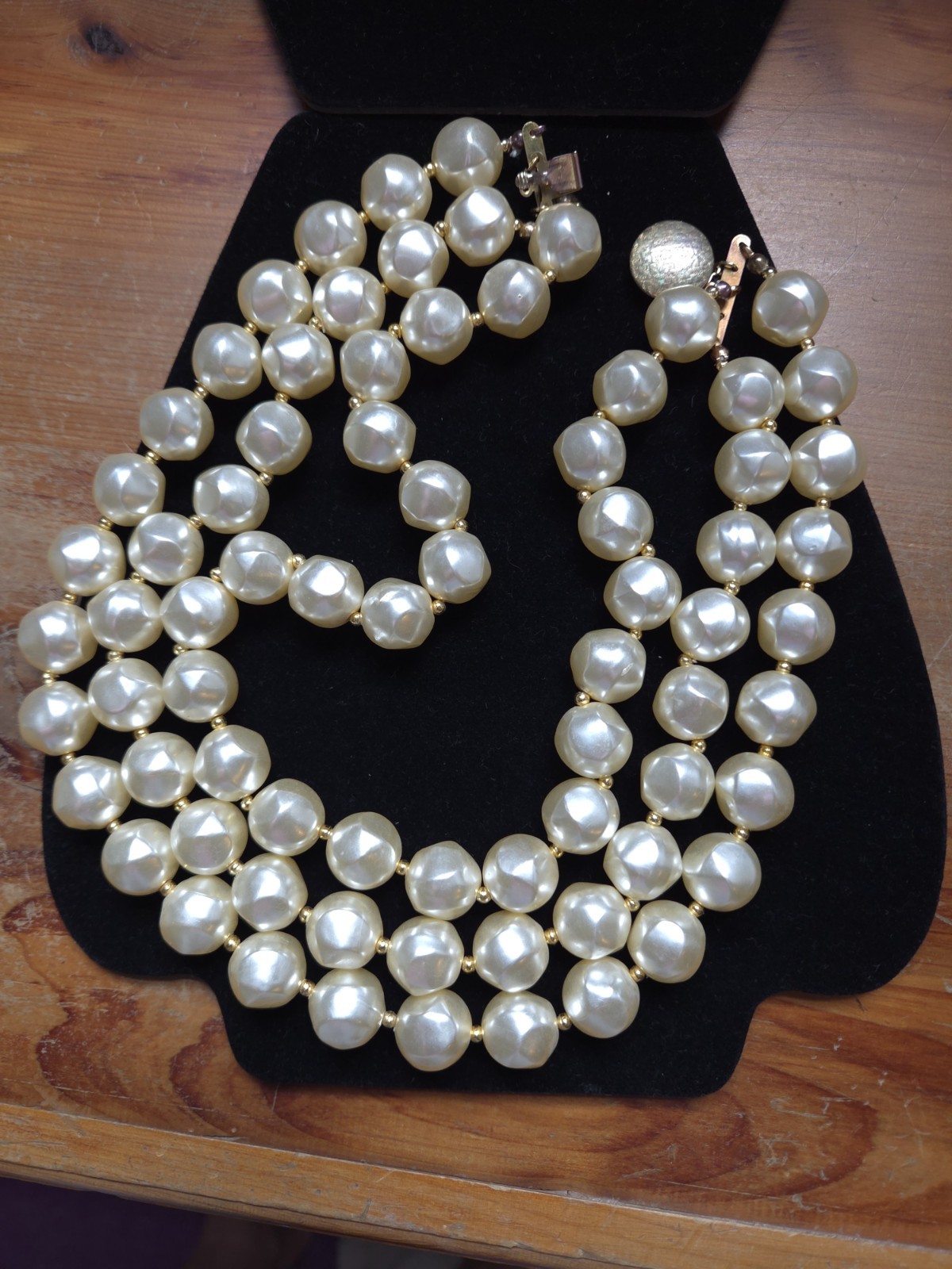 Vintage 1950s 3-Strand Faceted Faux Pearl Collar Necklace, Ornate Filigree Clasp