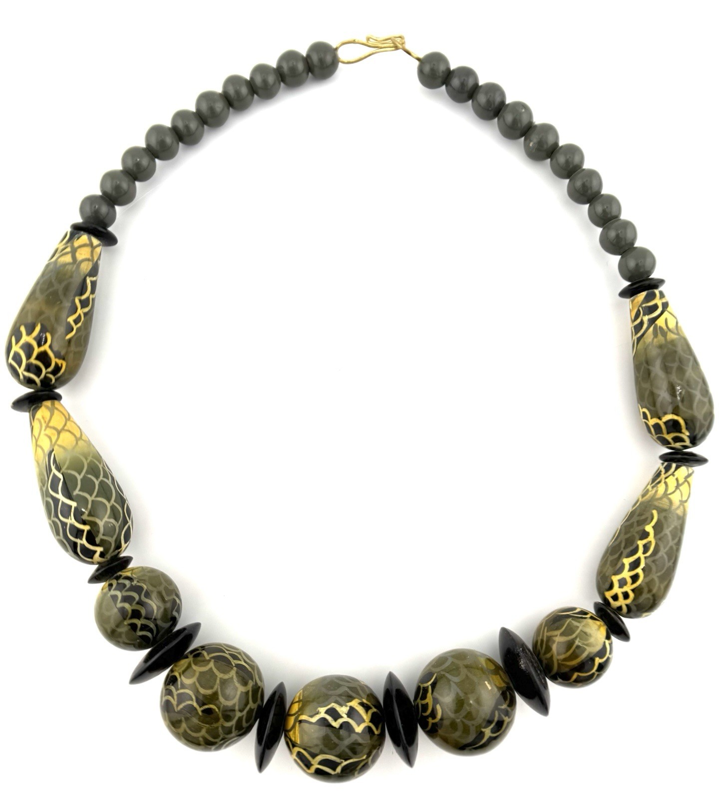 Vintage Olive Green Black Lucite Statement Necklace Gold Scale Beads 21”