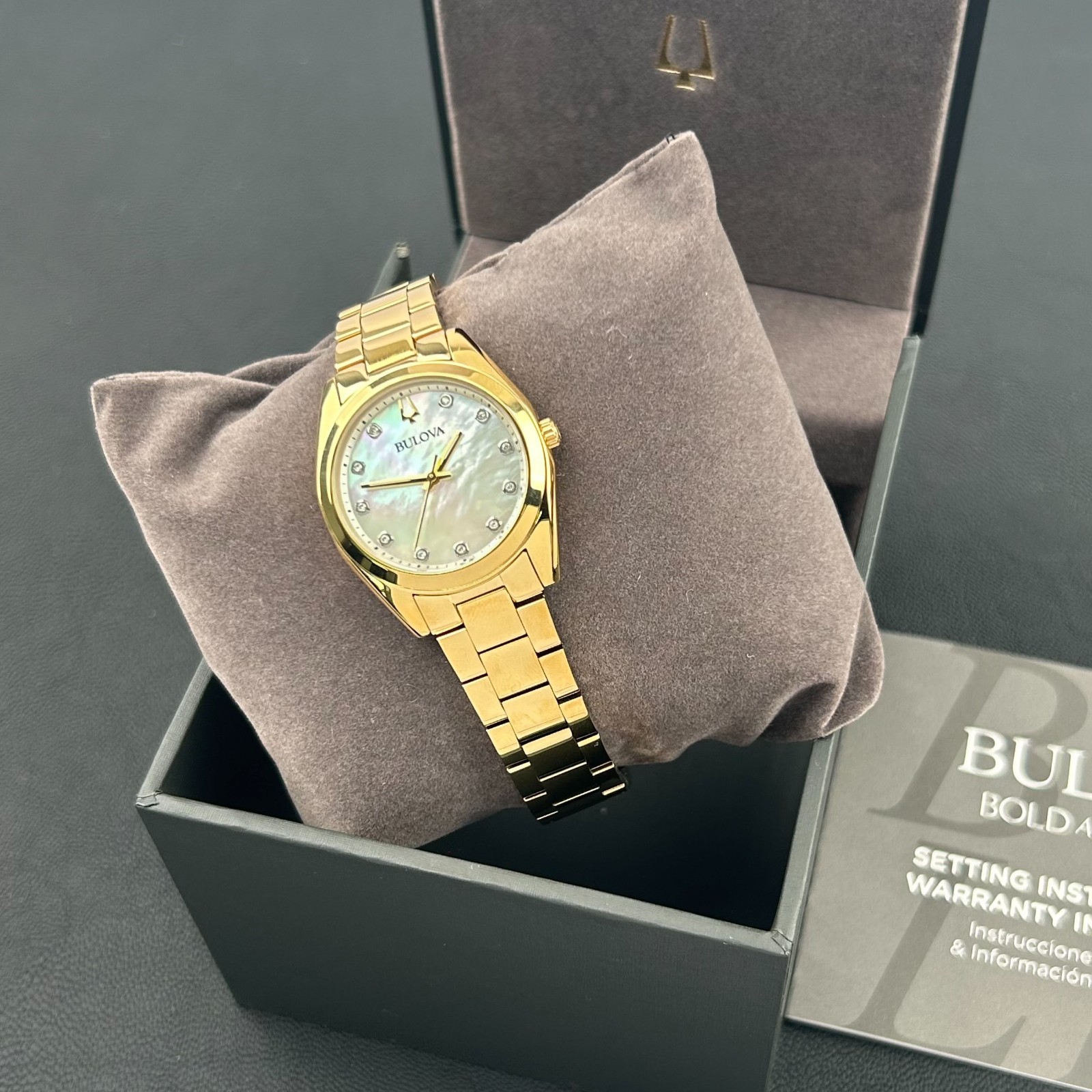 New w/box Bulova Surveyor Gold-tone Mother of Pearl Women’s Quartz Watch 97P172