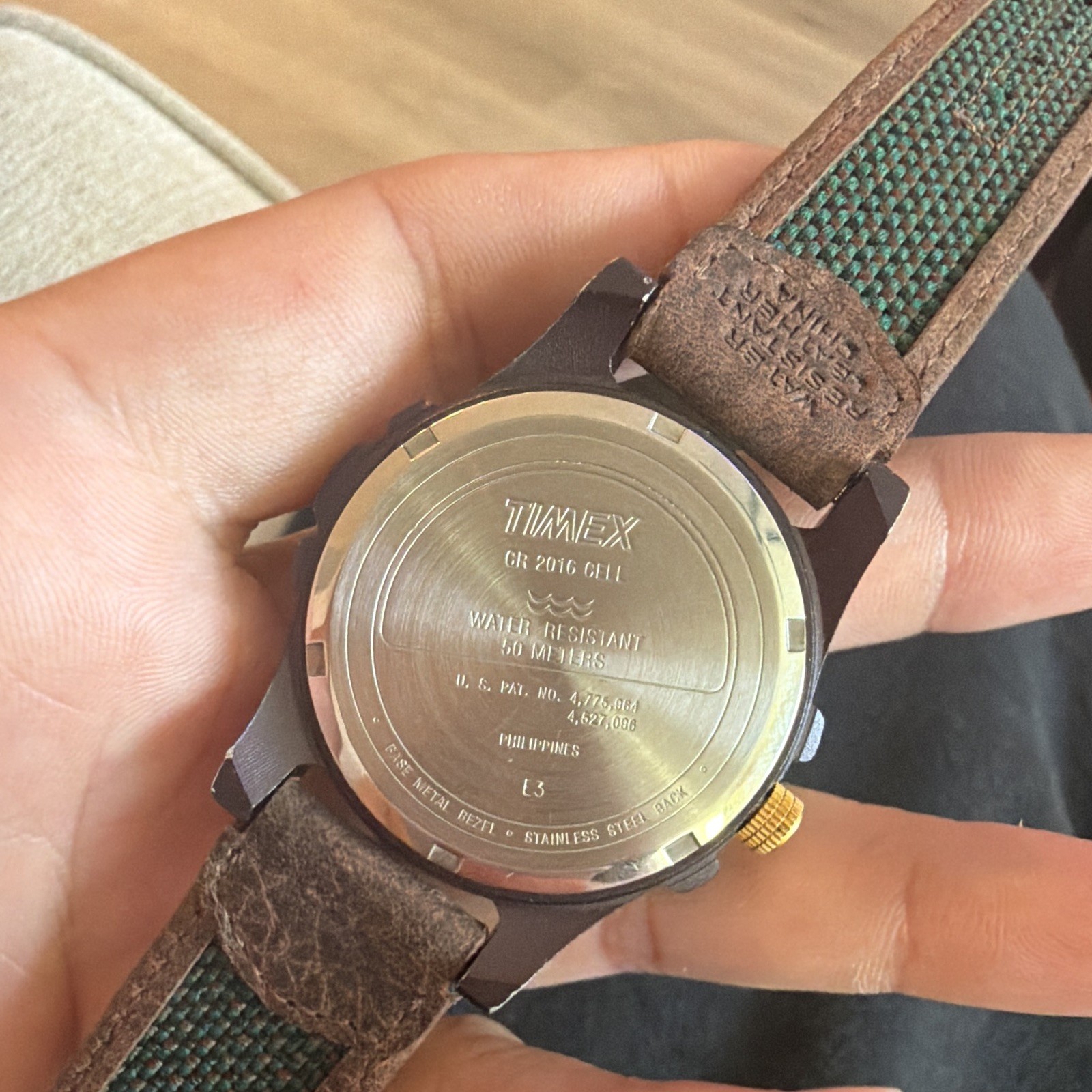 Timex T40771 Expedition Indiglo Date 50m Black Dial Brown/Green Strap