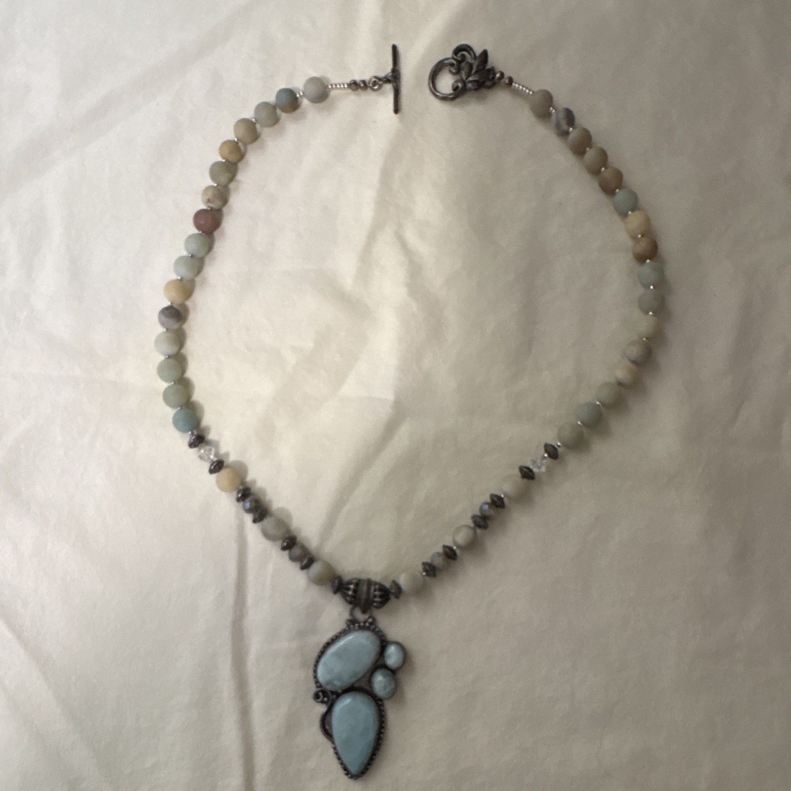 Silver/Gray Beaded Necklace Blue Teardrop Charm Pendant Bezel 18in Toggle