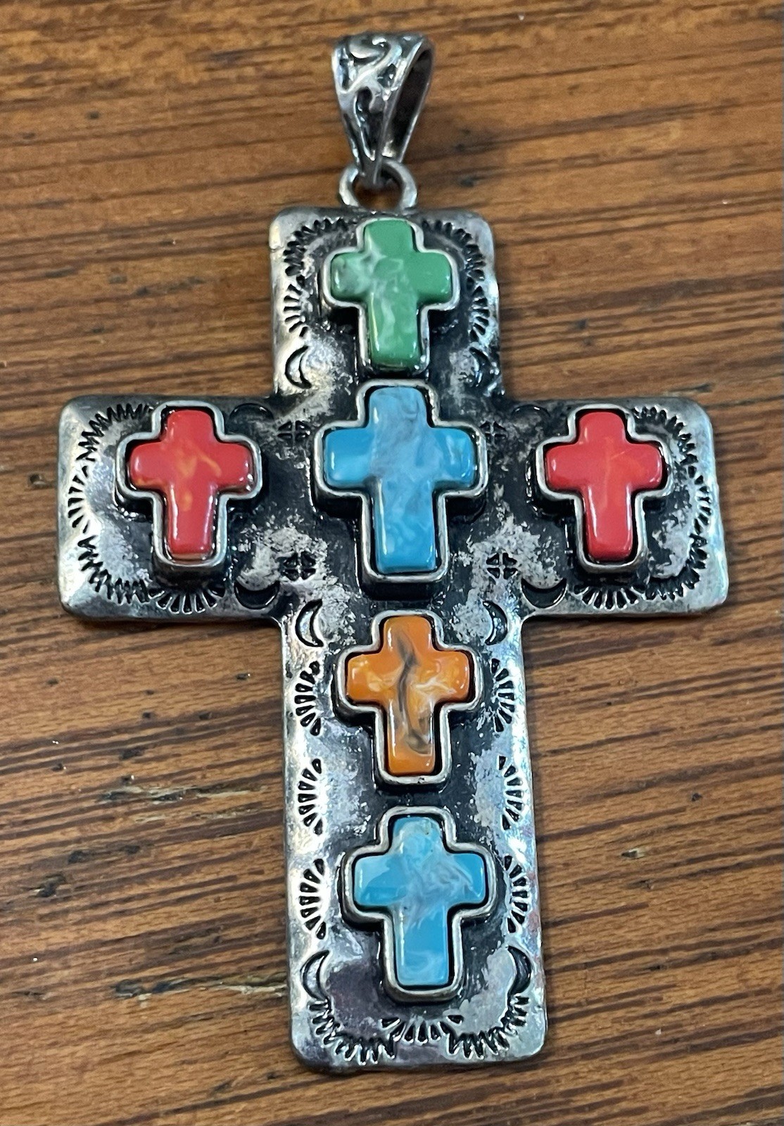 Large Southwestern Style Cross Pendant Multicolor Faux Gemstones Silver Tone