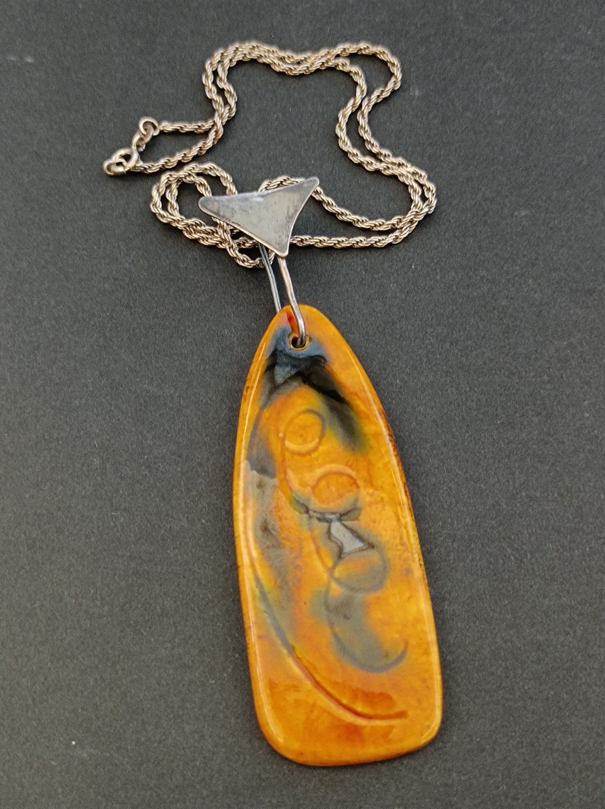 VTG Silver Modernist Israeli Enamel Necklace Abstract 60s 7Os Mustard Yellow 925