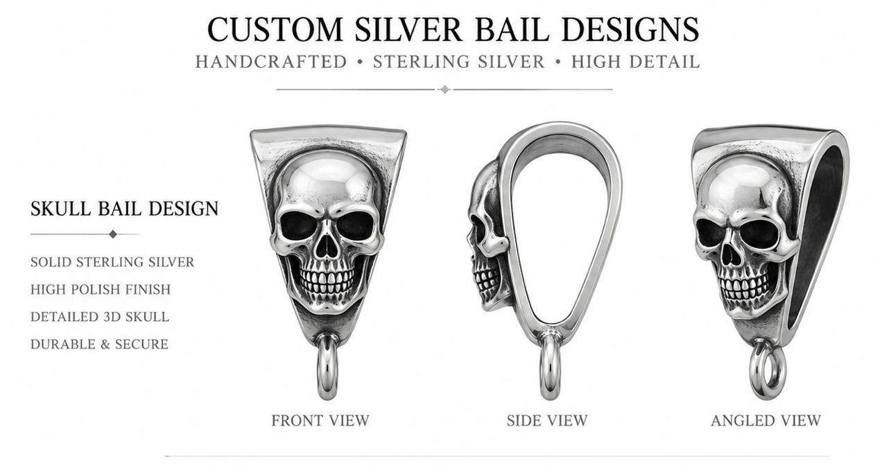 925 Silver Custom Silver Skull Bell design pendant Loop Black Oxied