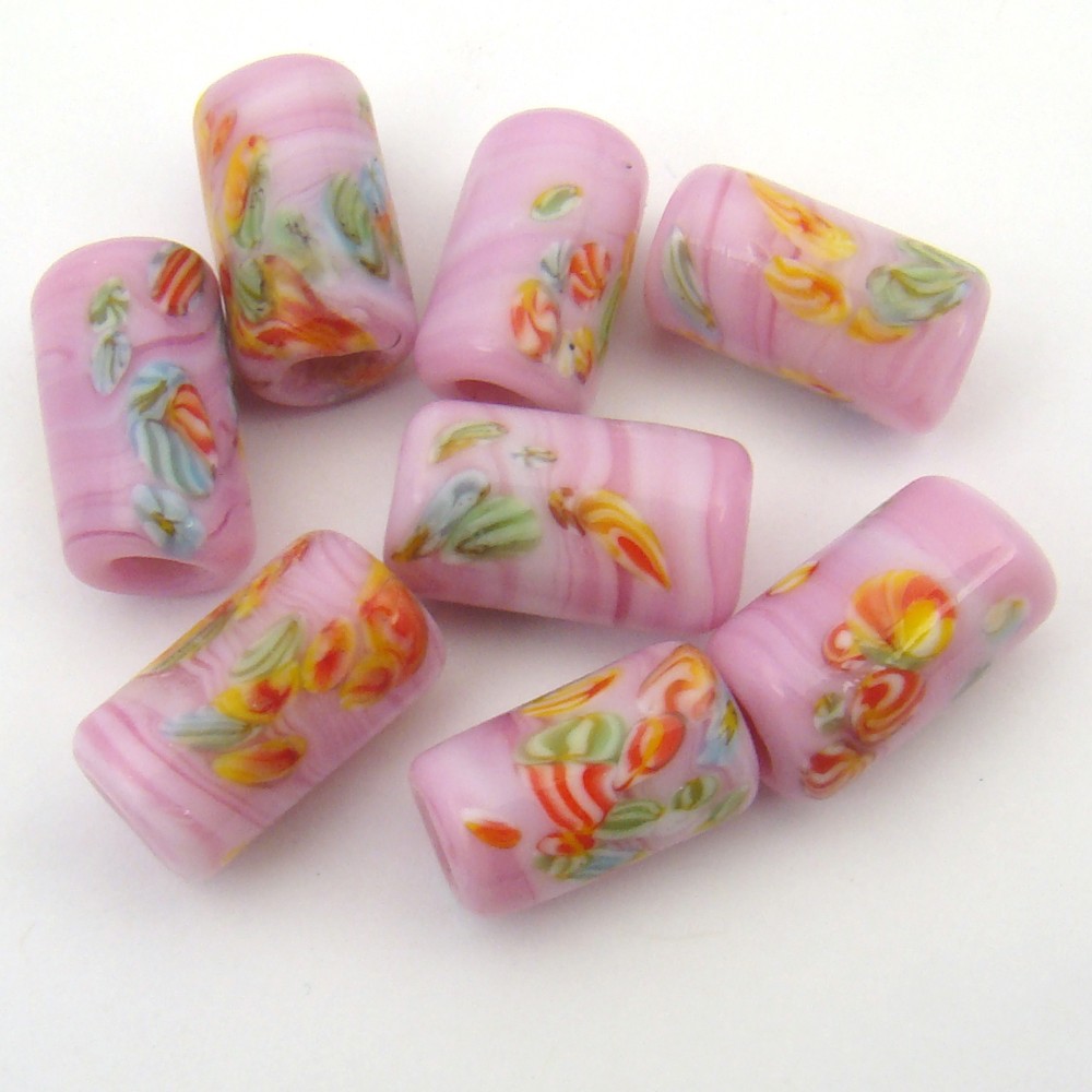 8 Vintage Japan lampwork large hole opaque pink glass murrine beads avg 14mm