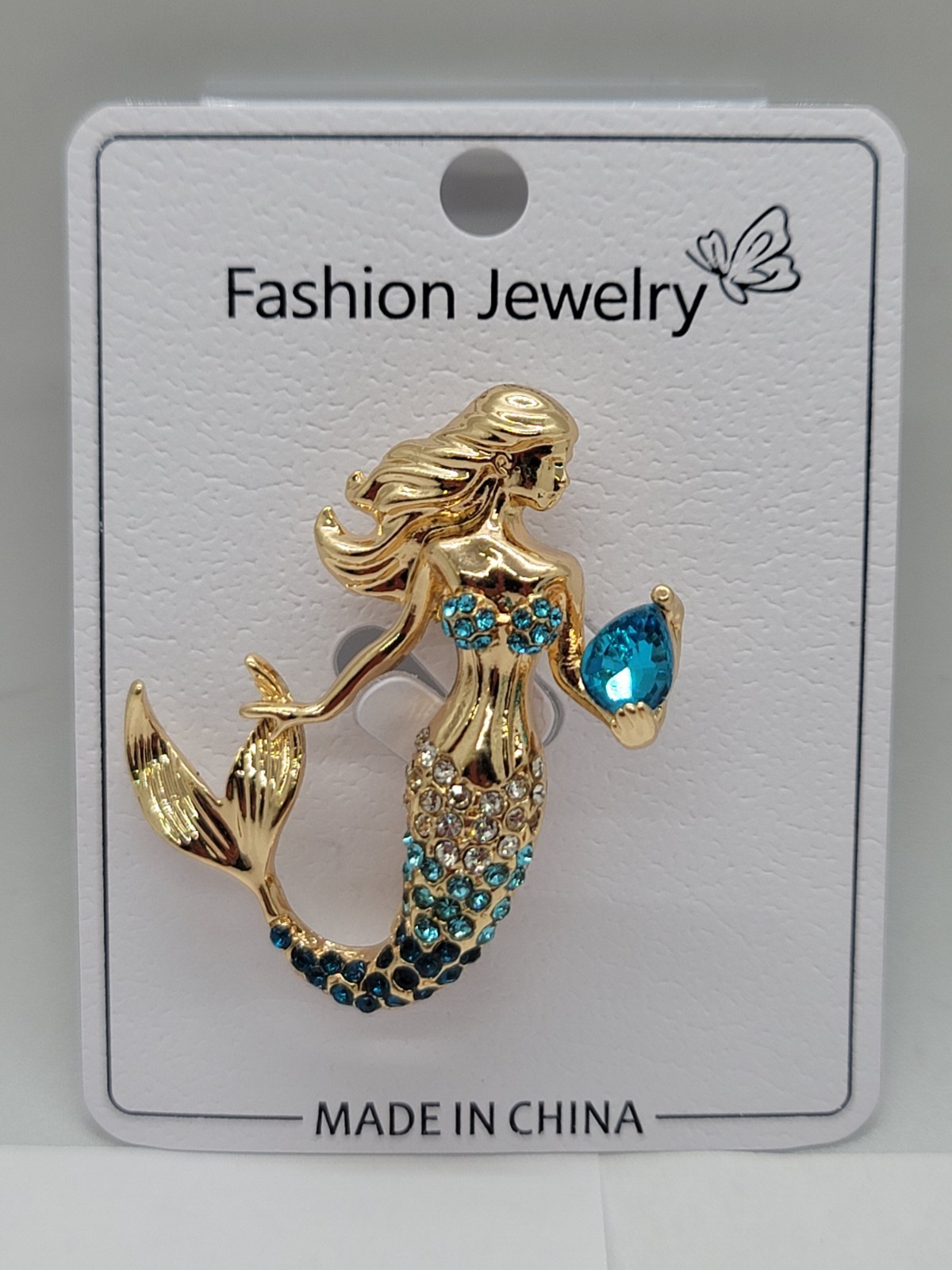 Gold-Tone Mermaid Brooch with Blue Gem – Rhinestone Tail & Top – Ocean Fantasy