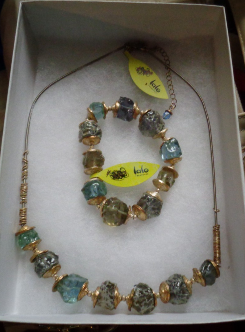 LALO TREASURES – NECKLACE & BRACELET – Bulgaria – Greenish Blue & Grey Beads