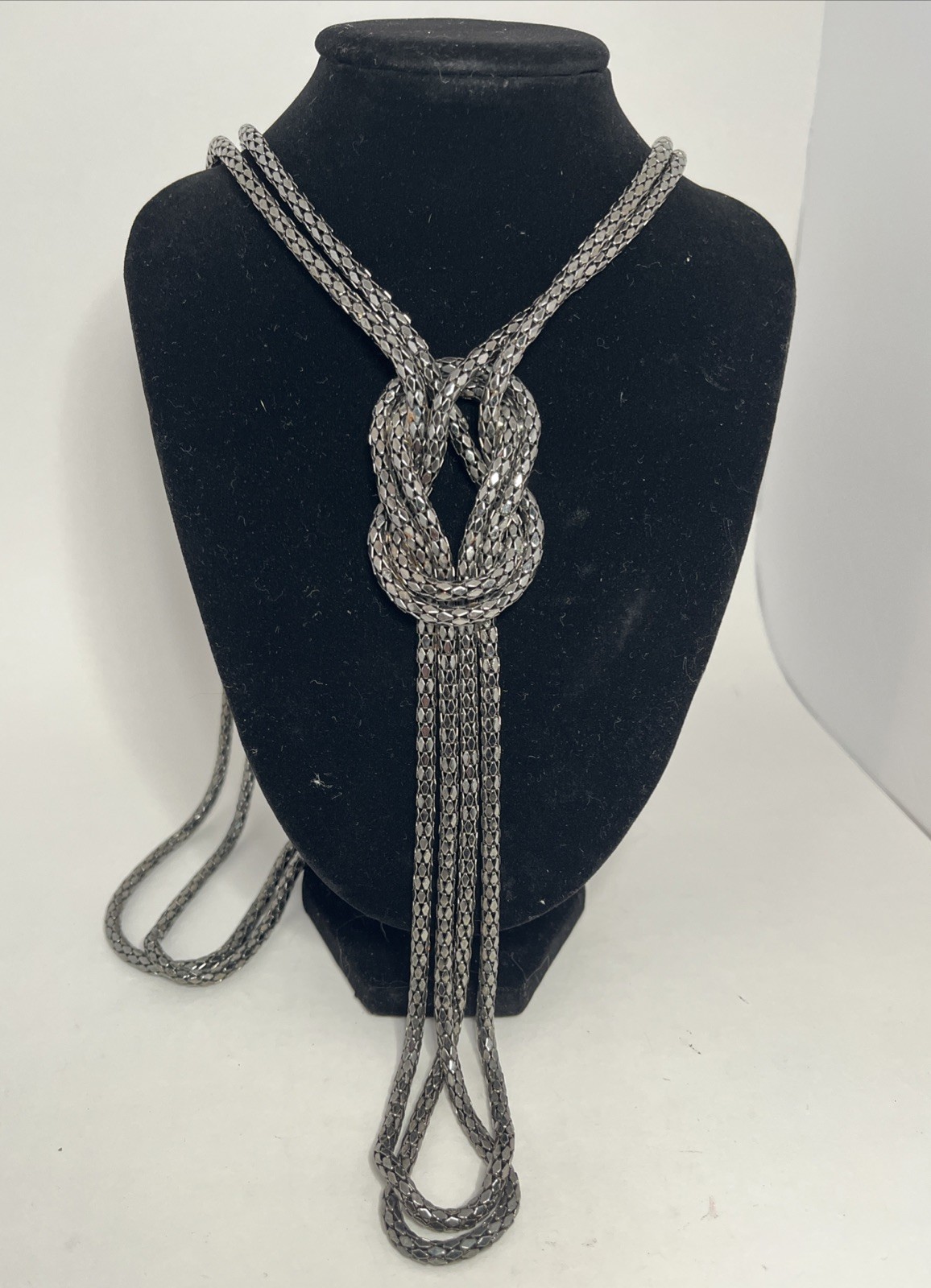 Vintage Gunmetal Knotted Mesh Chain Long Sautoir Flapper Statement Necklace