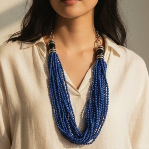 Blue Glass Multi Strand Statement Necklace Boho Bib Draped Adjustable Nautical