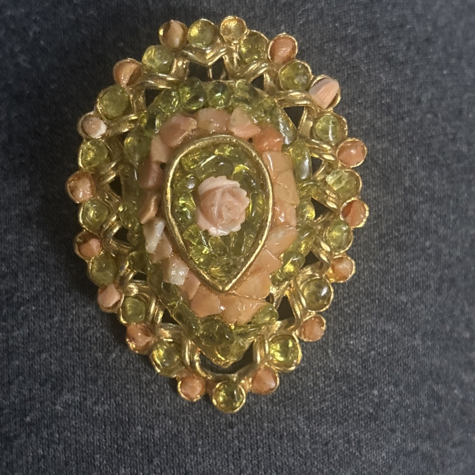 Brooch Peridot & Rose Quartz 22k Gold Plated Beautiful Unique Piece 58 x 45 mm
