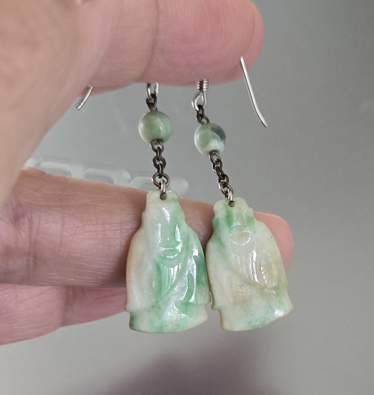Antique Old Chinese Carved Jade figural Buddha Dangle Earrings Silver Wire