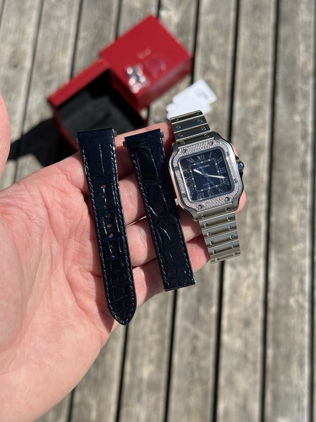 2024 Cartier Santos Medium Factory Diamond Bezel Blue Dial W4SA0006 4075 FS