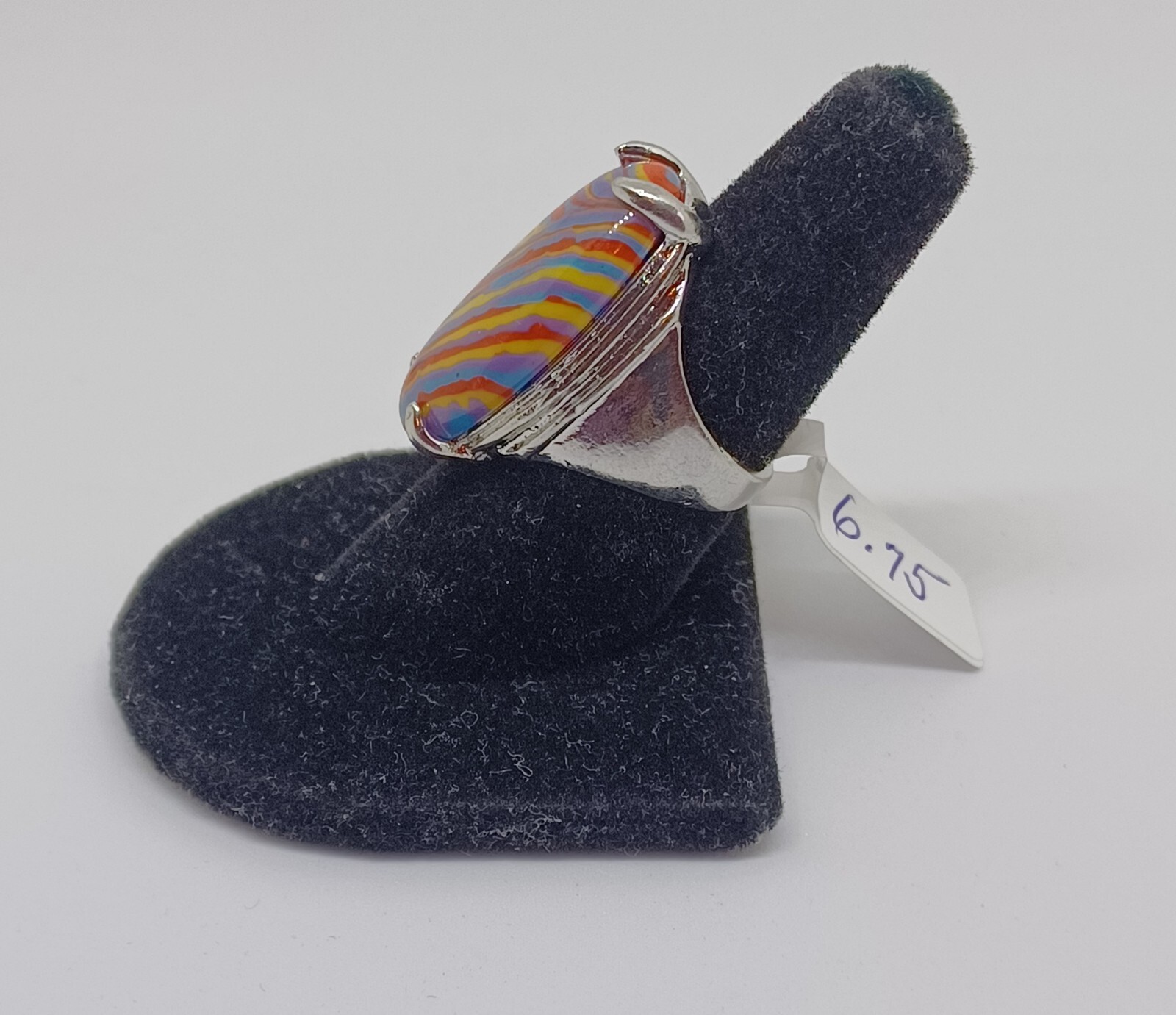Striped Cabochon Ring Womens Rainbow Colors Stone Size 6.75 Stainless Steel