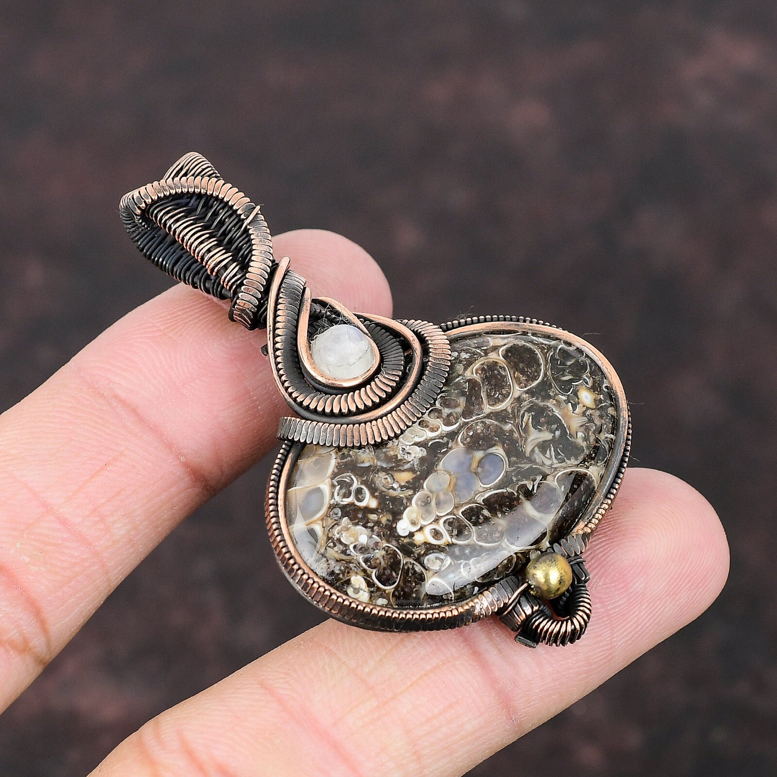 Gift For Her Copper Turritella Agate Gemstone Jewelry Wire Wrapped Pendant 2.36″