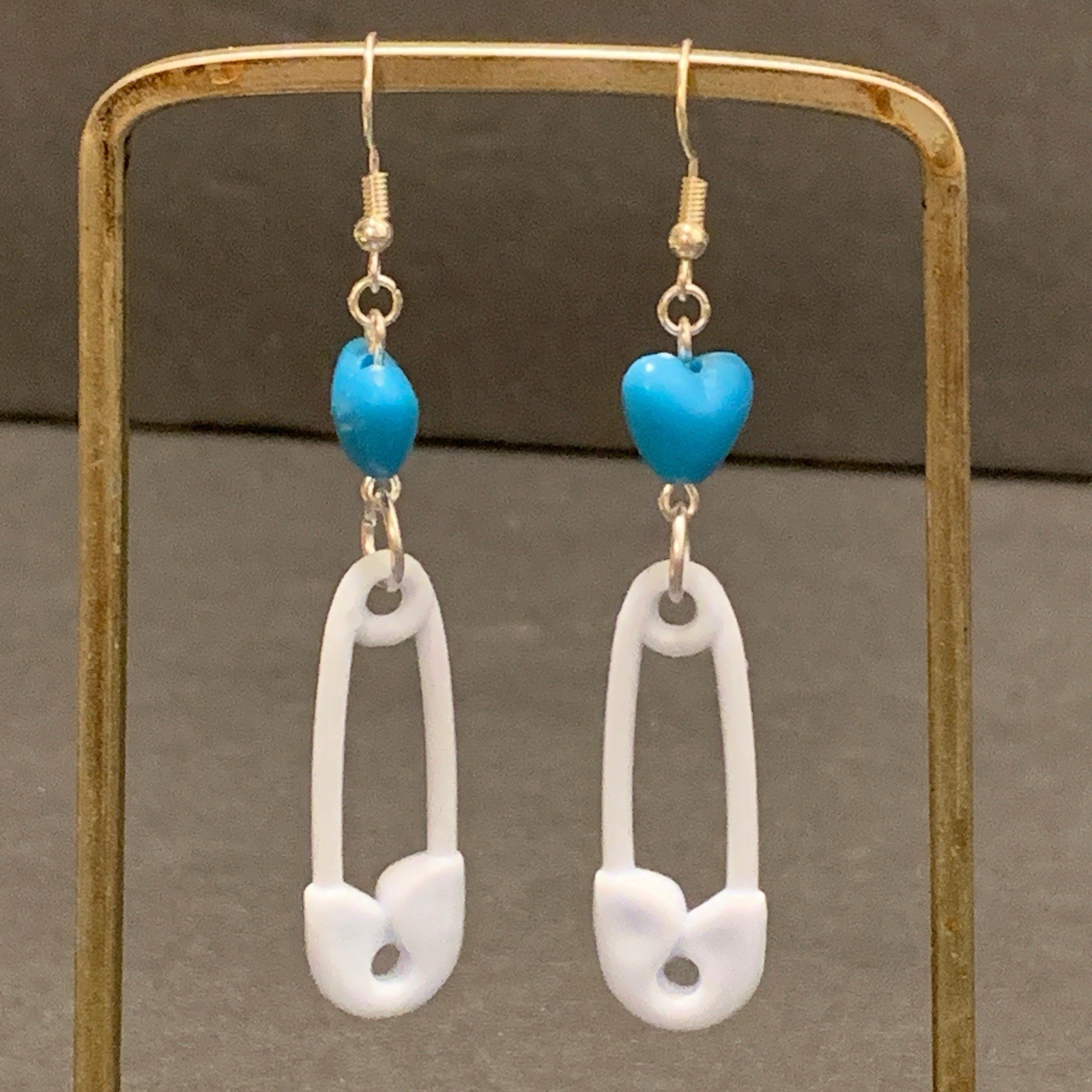Baby Shower Gift Earrings Handmade Blue Safety Pin Gender Reveal Cute Toy Heart