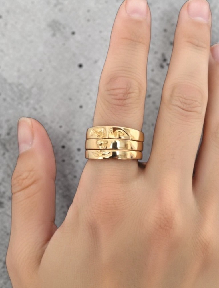 Human Face Fun 3 Puzzle Rings Set Gold Tone Sizes 7, 7.5, 9