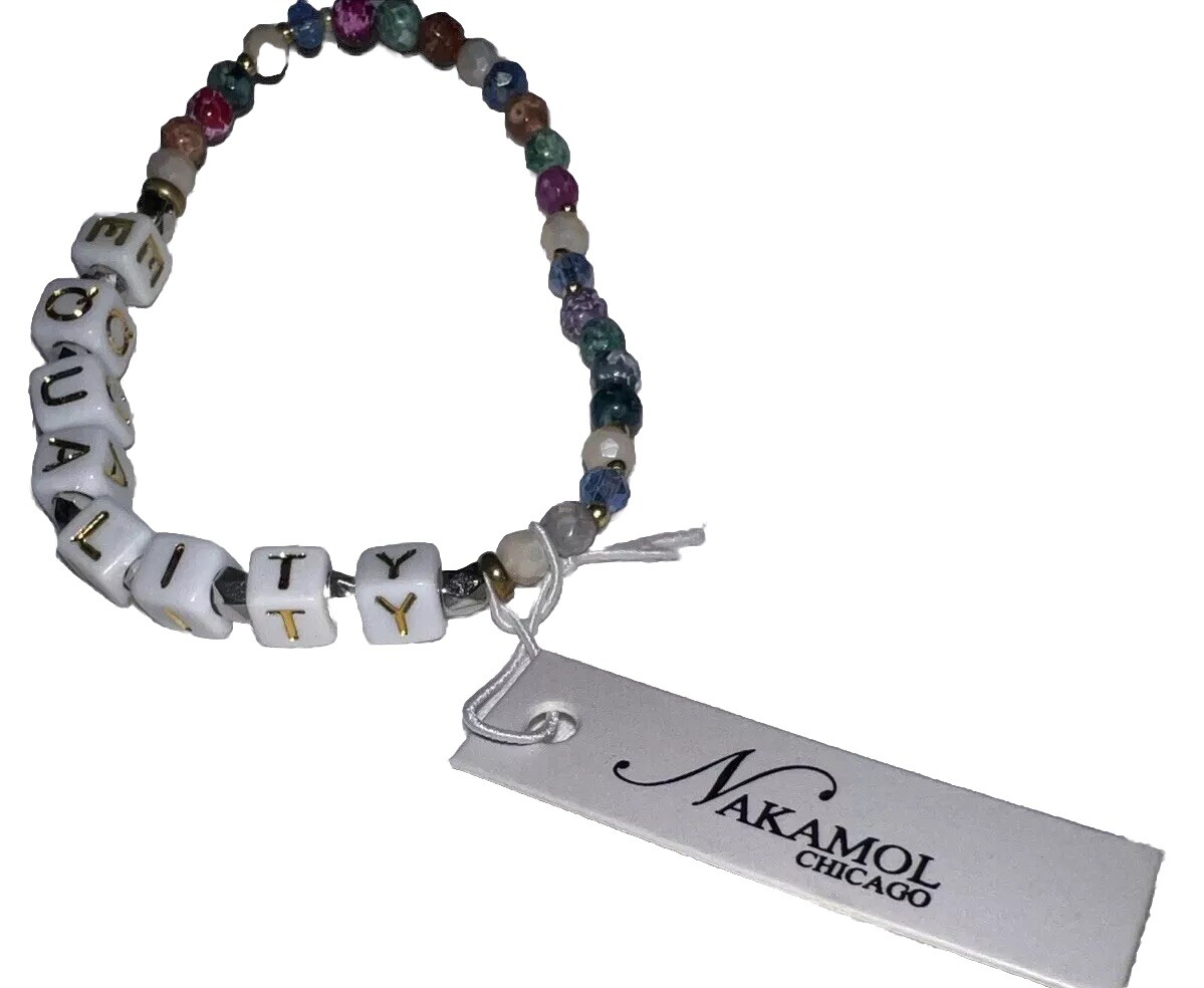 New Nakamol Chicago Handmade Stretchy Bracelet ‘EQUALITY’ in Gold & White