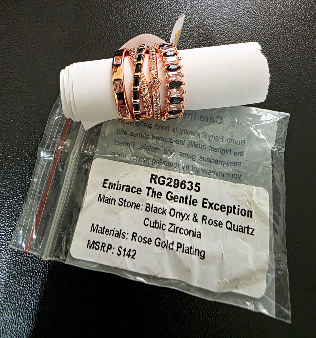Ring Bomb Party Rose Gold Plated Black Onyx CZ Band Ring Size 7 RG29635
