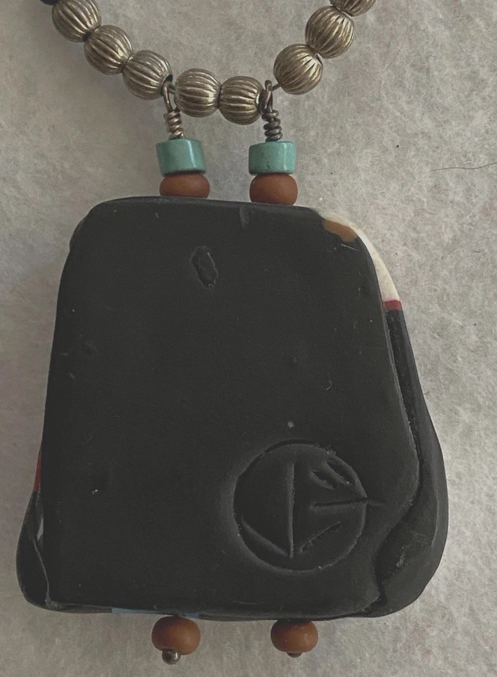 Pueblo Painted Clay Signed Pendant, Southwest Turquoise & Coral Chips on cord