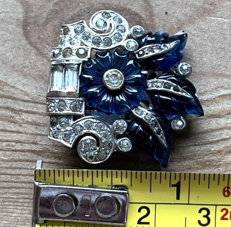Antique Art Deco Blue Molded Fruit Salad Dress Fur Clip Brooch Coro 1/2 Duette