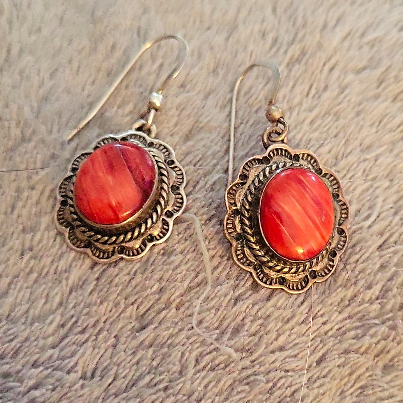 F. RAMONE Sterling Dangle Hook Earrings Oval Orange Spiny Oyster Shell Or Coral
