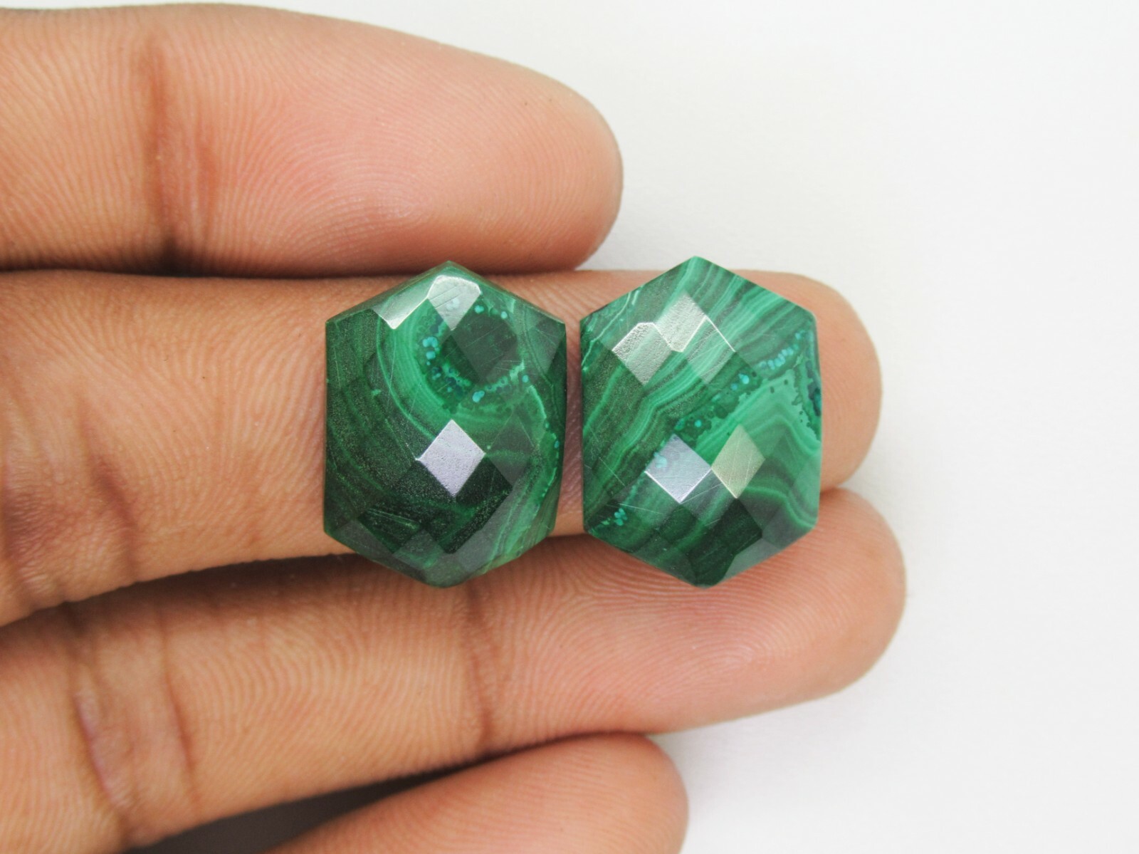 Natural Malachite Gemstone Hexagon Shape Faceted Cabochon Pairs Green Color Gems