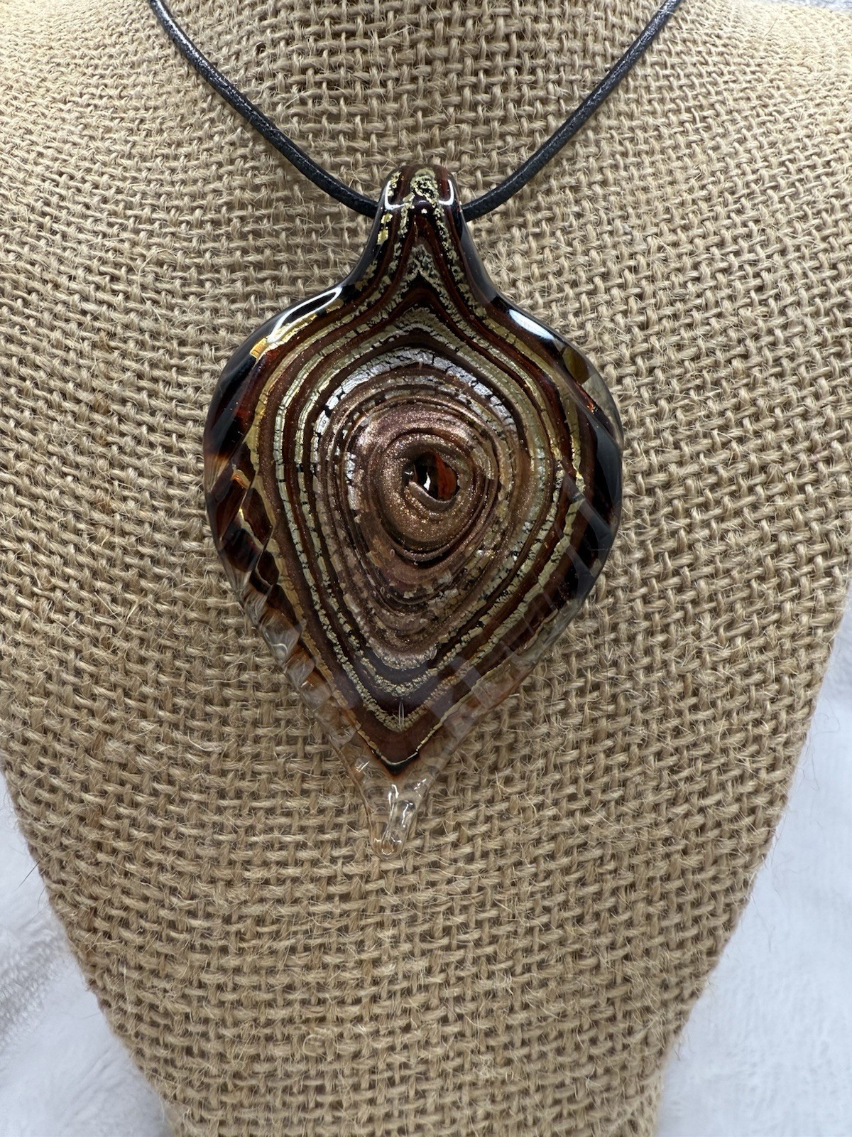Stamped Murano “VS” Gold & Black Glass Pendant On Leather Cord w/ 925 Clasp