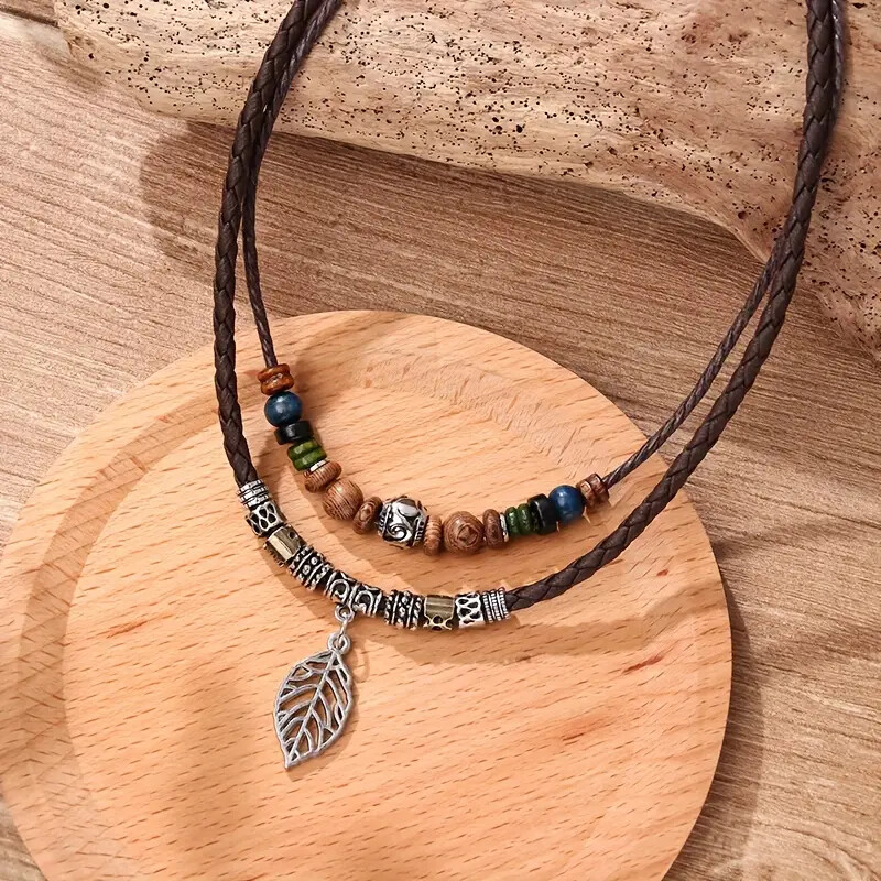 New PU Leather Leaf Wooden Bead Necklace Party Ornament Jewelry Gift Men Women