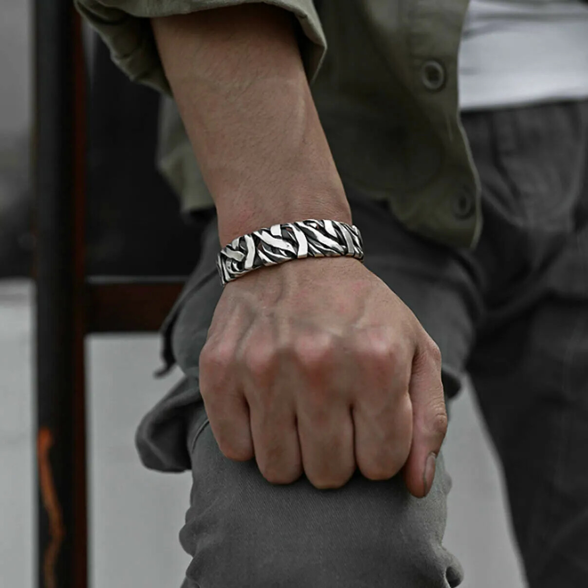 Men Bracelet Sterling Silver Retro Twisted Open Wide Bangle Cuff Bracelet USA