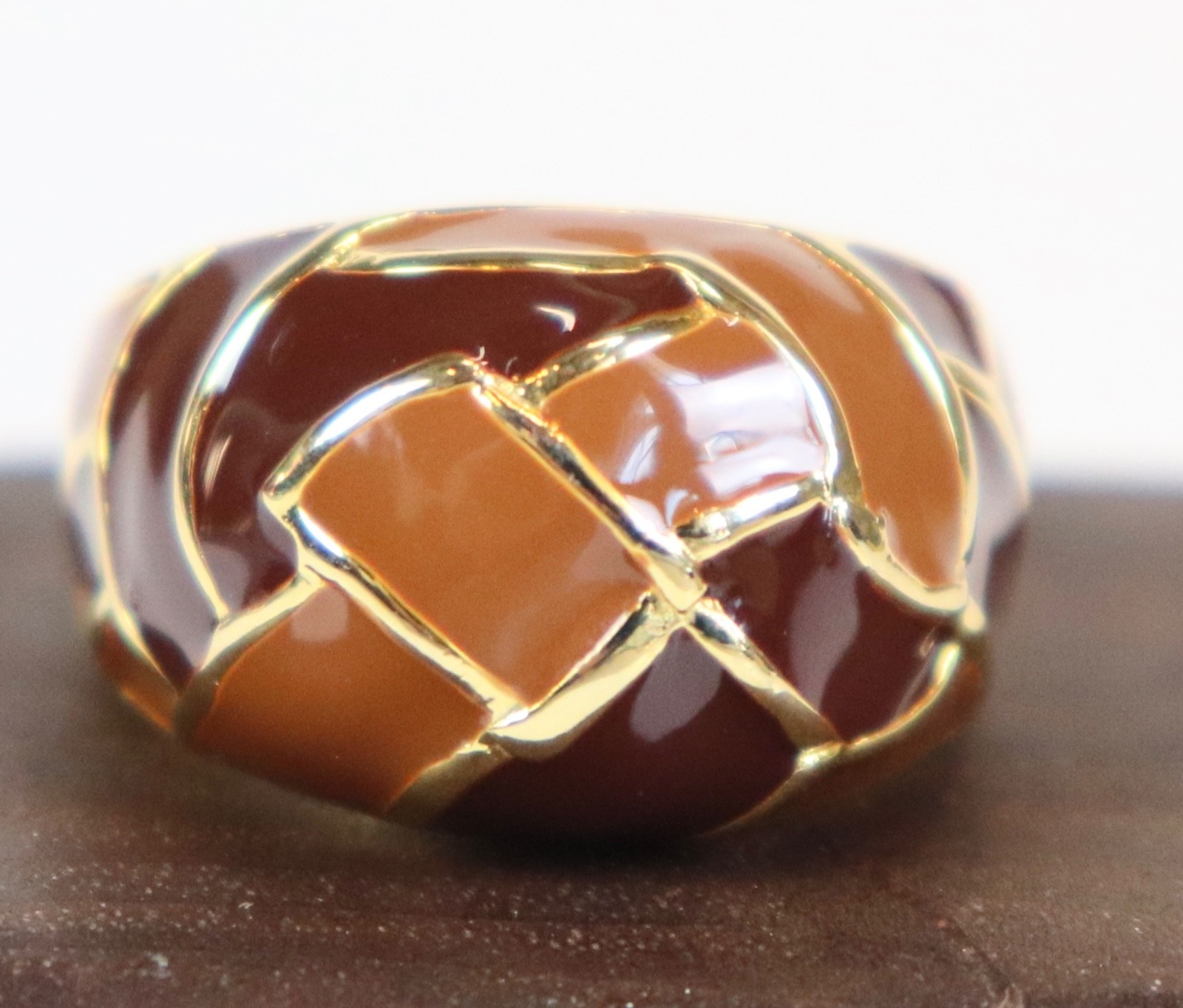 Gold Tone Enamel Statement Cocktail Geometric Ring Burnt Orange Brown Sz 7.5
