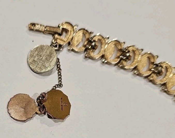 Vintage Monet Gold Tone Chain Bracelet 7 Inch 3 Charms With Safety Chain
