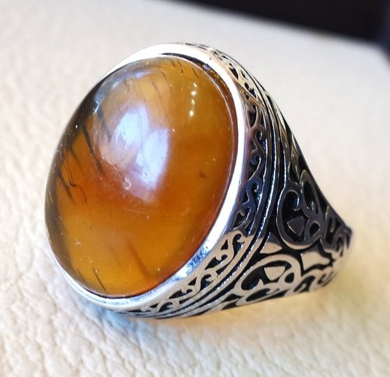 Solid 925 Sterling Silver Natural Baltic Amber Gemstone Signet Men’s Unisex Ring