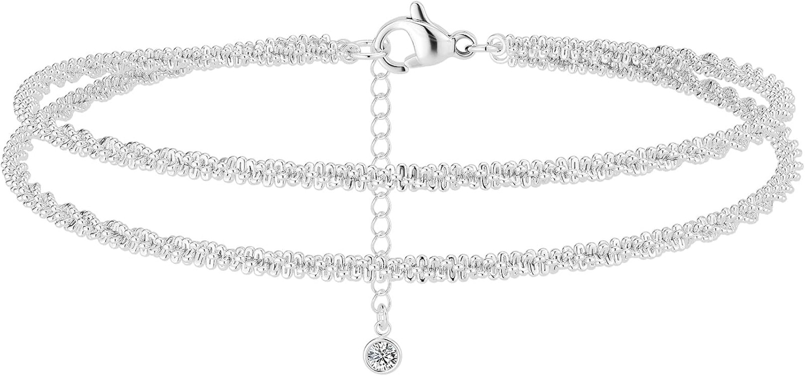 Silver Ankle Bracelets for Women Waterproof Sparkling Link Chian Anklets | Layer