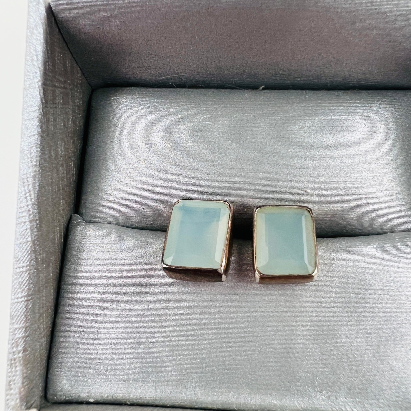 Silver Tone Stud Earrings Rectangle Blue Glass Modern Minimal Jewelry