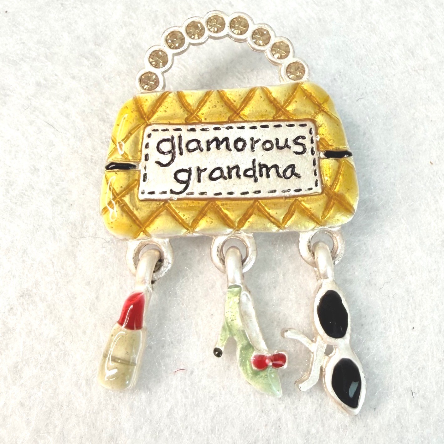 AJMC Glamorous Grandma Purse Brooch Rhinestone Dangle Charm Pin VTG