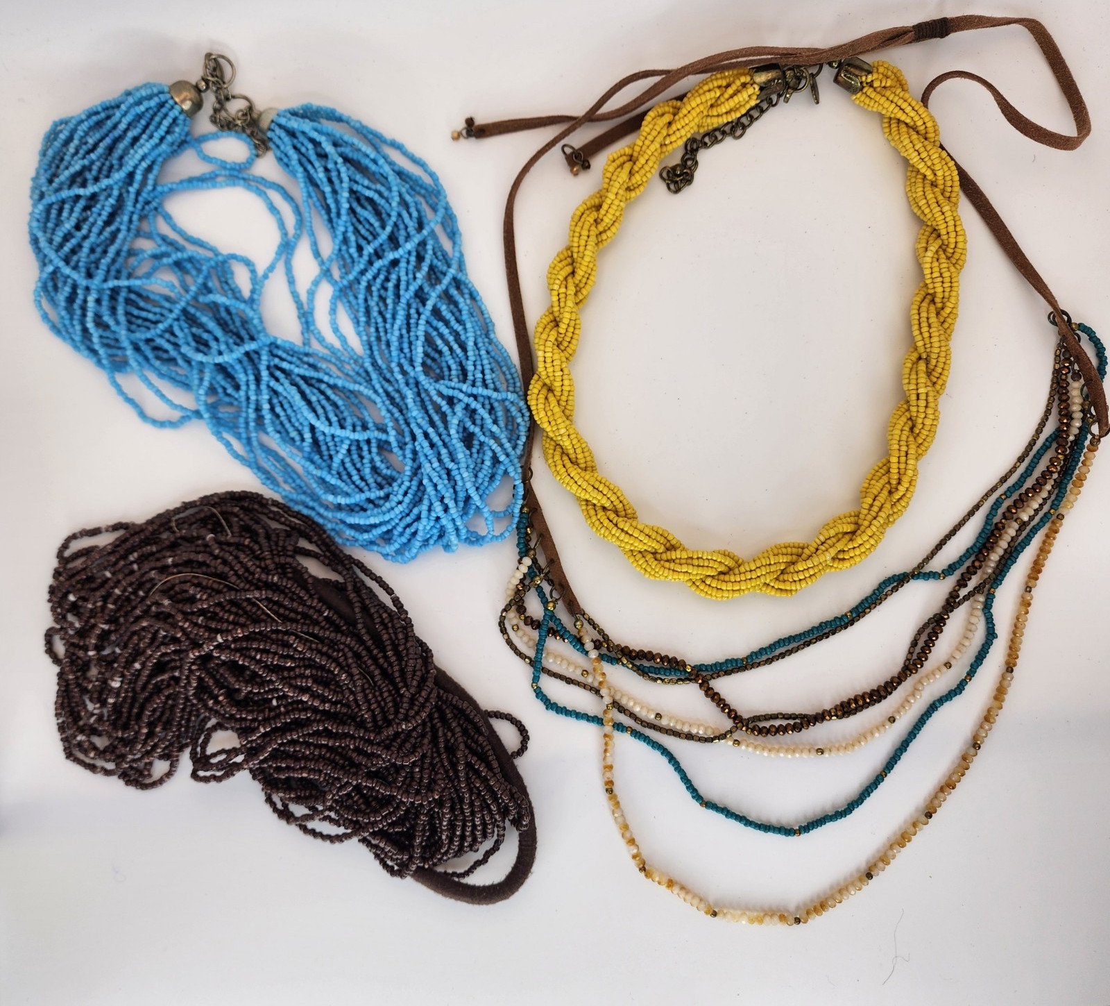 Boho Beaded Necklace Lot Braided Yellow, Blue & Brown Multi-Strand Earthy Tones