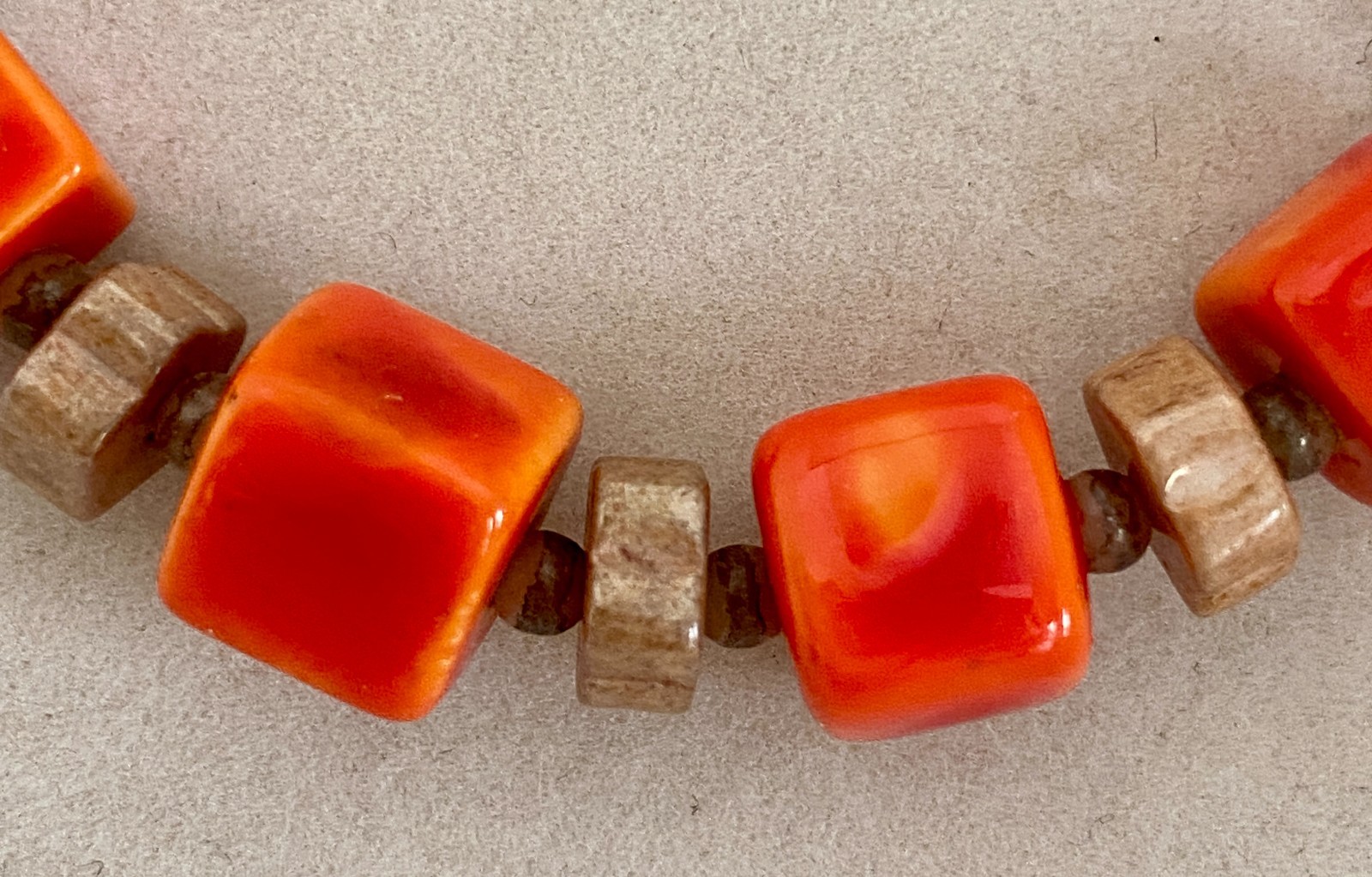 Vintage Orange & Brown Square Bead Necklace Stone Glass Barrel Clasp MCM 15.5″